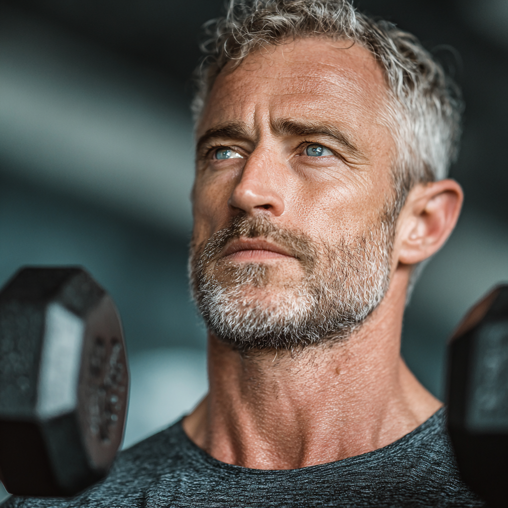 A fit man in his late 40s with gray hair doing strength training exercises in a modern gym, wearing athletic clothes and showing determination