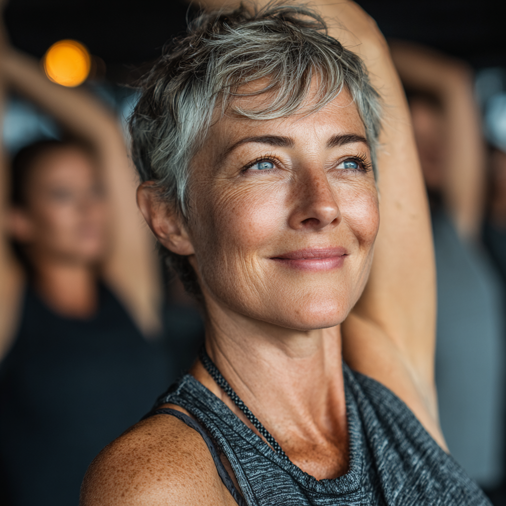 A woman in her early 50s with short hair smiling while stretching during a fitness class in bright gym environment, wearing comfortable workout clothes